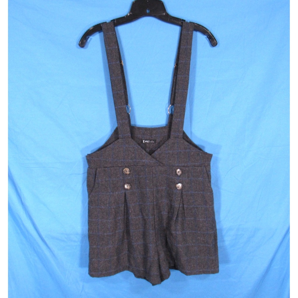 VTG VERY J Black w/Blue PLAID Side Zip PLEATED Twill SHORTALLS OVERALLS Sz L